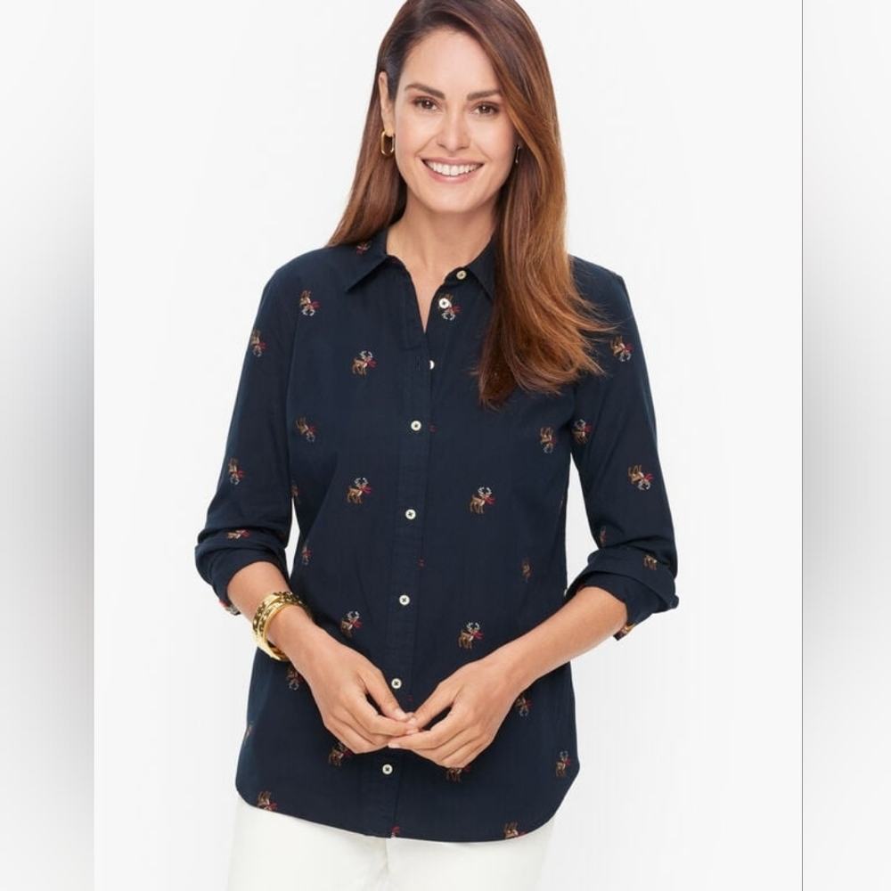 Talbots Dark Blue Button Down Shirt Red Holiday Embroidery